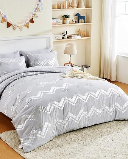 Wowelife Gray Comforter King Size 7 Pieces Silver Glitter Kids Bedding Set Bed in a Bag for Girls with Comforter, Flat Sheet, Fitted Sheet and 2 Pillowcases - LeafyLoom