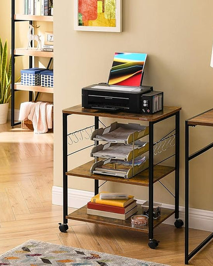 Mr IRONSTONE Baker's Rack, Kitchen Microwave Cart, Coffee Bar Table Station, 3-Tier Kitchen Utility Storage Shelf with Rolling Wheels Coffee Cart Kitchen Microwave Stand with 10 Hooks, Rustic Brown - LeafyLoom