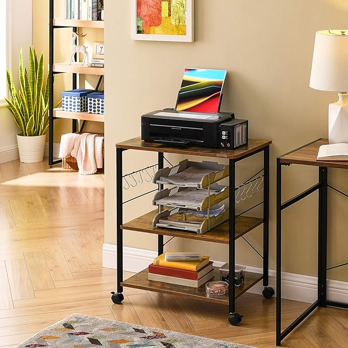 Mr IRONSTONE Baker's Rack, Kitchen Microwave Cart, Coffee Bar Table Station, 3-Tier Kitchen Utility Storage Shelf with Rolling Wheels Coffee Cart Kitchen Microwave Stand with 10 Hooks, Rustic Brown - LeafyLoom