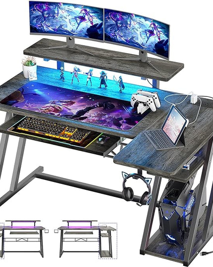 armocity L Shaped Gaming Desk with LED Lights and Outlets, PC Gaming Desk with Monitor Stand and Shelves, Reversible Gaming Computer Desk with Keyboard Tray & Z-Shape Legs, Grey Oak, 47" - LeafyLoom