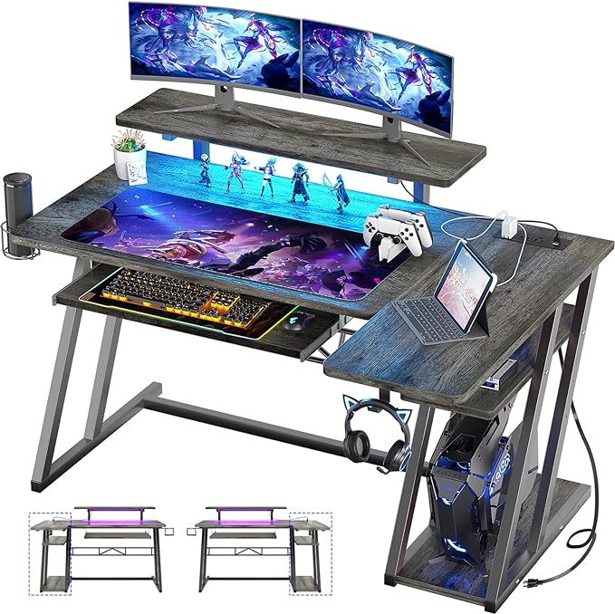 armocity L Shaped Gaming Desk with LED Lights and Outlets, PC Gaming Desk with Monitor Stand and Shelves, Reversible Gaming Computer Desk with Keyboard Tray & Z-Shape Legs, Grey Oak, 47" - LeafyLoom