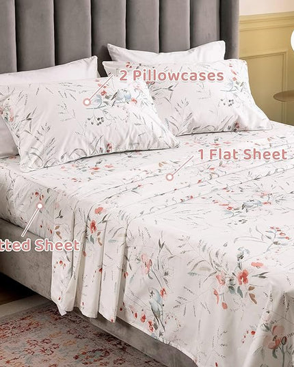 QSH Floral Queen Size Sheet Sets - 100% Egyptian Cotton Sheets Elegant Botanical Flower Leaves Bird Printed Bedding Sheets Queen Size Bed Extra Soft and Breathable 4pcs Deep Pockets Bed Sheets - LeafyLoom
