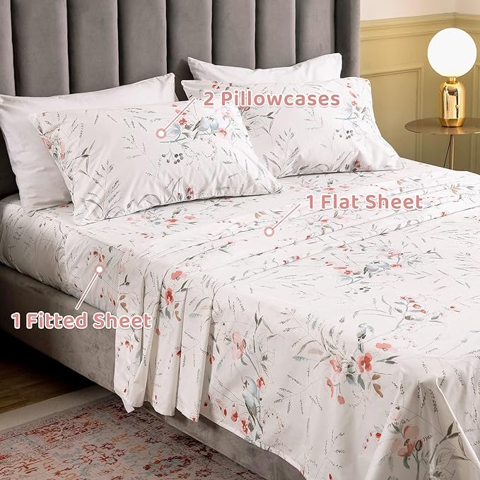 QSH Floral Queen Size Sheet Sets - 100% Egyptian Cotton Sheets Elegant Botanical Flower Leaves Bird Printed Bedding Sheets Queen Size Bed Extra Soft and Breathable 4pcs Deep Pockets Bed Sheets - LeafyLoom