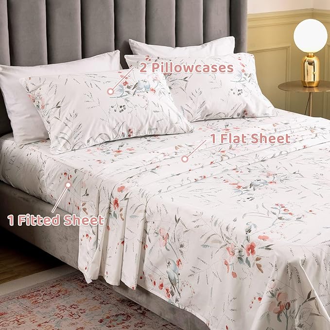 QSH Floral King Size Sheet Sets - 100% Egyptian Cotton Floral Bedding Sheets Botanical Bird Printed Bedding King Size Bed Sheets 17.5" Extra Deep Pocket 4pcs - LeafyLoom