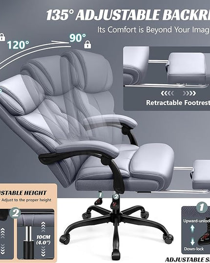 Office Chair, Executive Leather Chair Big and Tall Ergonomic Computer Desk Chair, Comfy Swivel Rolling Reclining Lumbar Support Task Chair with Adjustable High Back Foot Rest for Home Gaming - LeafyLoom
