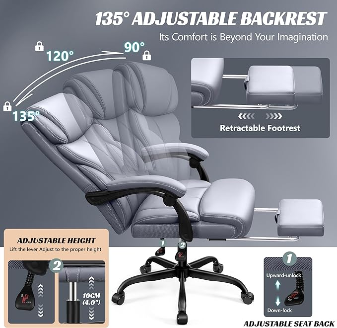 Office Chair, Executive Leather Chair Big and Tall Ergonomic Computer Desk Chair, Comfy Swivel Rolling Reclining Lumbar Support Task Chair with Adjustable High Back Foot Rest for Home Gaming - LeafyLoom
