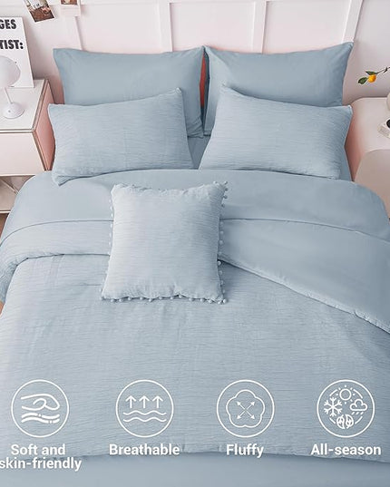 Queen Comforter Set Blue, 8 Piece Bed in a Bag Queen for All Season, Woven Texture Bedding Comforter Set with Sheets and Pillows, Soft Lightweight Queen Comforter Bed Set, Light Heaven Blue - LeafyLoom