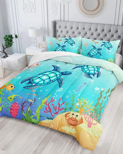 Turtle Comforter Set Full Ocean Watercolor Sea Turtle Bedding Set Nautical Sea Animal Reptile Bed Set with 2 Pillowcases for Kids Room Decor - LeafyLoom