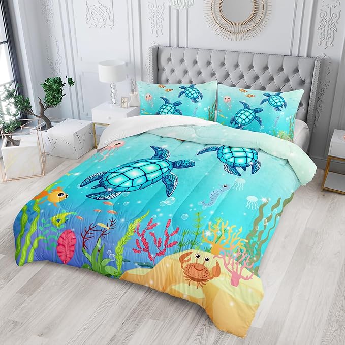 Turtle Comforter Set Twin Ocean Watercolor Sea Turtle Bedding Set Nautical Sea Animal Reptile Bed Set with 2 Pillowcases for Kids Room Decor - LeafyLoom