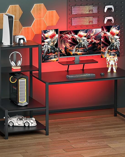 GreenForest Computer Desk 58 inch with Storage Printer Shelf Reversible Gaming Home Office Desk with Movable Monitor Stand and 2 Headphone Hooks for Study Writing PC Working, Black - LeafyLoom