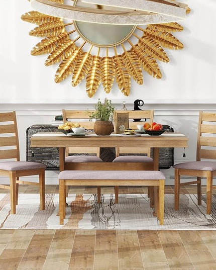Retro 59" L Rectangular Unique Legs and 4 Upholstered Chairs & 1 Bench, Rubber, Easy Assembly, for Kitchen, Room, 6 Piece Dining Table Set, Natural Wood Wash 11 - LeafyLoom