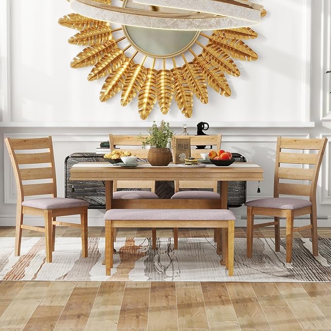 Retro 59" L Rectangular Unique Legs and 4 Upholstered Chairs & 1 Bench, Rubber, Easy Assembly, for Kitchen, Room, 6 Piece Dining Table Set, Natural Wood Wash 11 - LeafyLoom