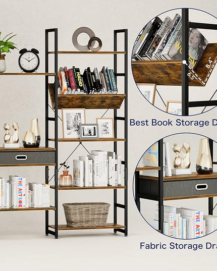 NUMENN Triple Wide 5 Tier Bookshelf, Adjustable Rustic Industrial Style Book Shelves, Modern Bookcases and Bookshelves Furniture for Bedroom, Living Room and Home Office, Vintage Brown - LeafyLoom