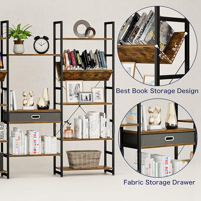 NUMENN Triple Wide 5 Tier Bookshelf, Adjustable Rustic Industrial Style Book Shelves, Modern Bookcases and Bookshelves Furniture for Bedroom, Living Room and Home Office, Vintage Brown - LeafyLoom