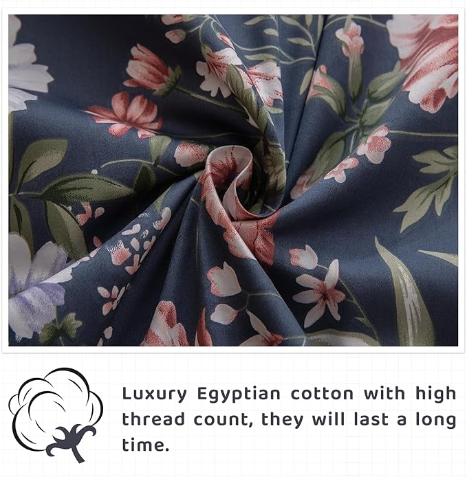 QSH Floral Queen Size Sheet Sets - 100% Egyptian Cotton Sheets Elegant Navy Flower Pattern Printed Bedding Sheets Queen Size Bed Extra Soft and Breathable 4pcs Deep Pockets Bed Sheets - LeafyLoom