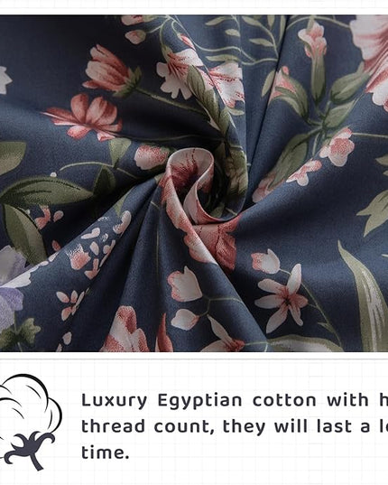 QSH Floral King Size Sheet Sets - 100% Egyptian Cotton Floral Bedding Sheets Navy Flower Pattern Printed Bedding King Size Bed Sheets 17.5" Extra Deep Pocket 4pcs - LeafyLoom
