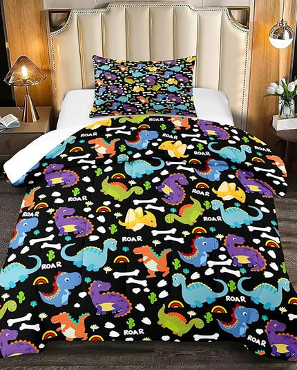 Dinosaur Comforter Set Twin - Cartoon Dinosaur Twin Bedding Set for Boys Kids Twin Size Comforter Set for Boys Soft Breathable Dino Quilt Kids Bedding Set, 1 Comforter 1 Pillowcase - LeafyLoom