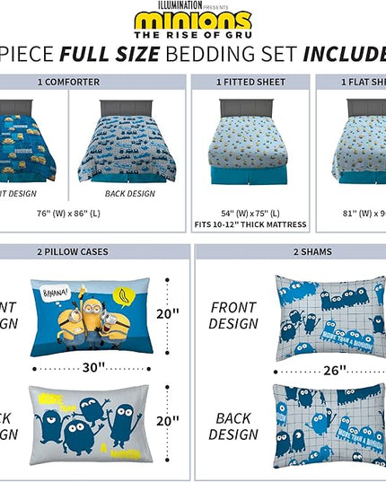 Franco Kids Bedding Super Soft Comforter and Sheet Set with Sham, 7 Piece Full Size, Minions The Rise Of Gru - LeafyLoom
