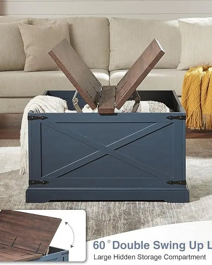 Farmhouse Square Coffee Table with Storage, Wood Center Table with Hinged Lift Top, Rustic Cocktail Table with Large Hidden Storage Compartment for Living Room, Bedroom,Blue - LeafyLoom