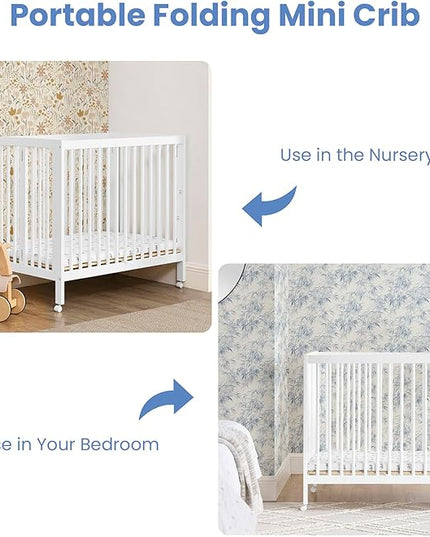 Delta Children Mia Portable Folding Mini Crib with 1.5-Inch Mattress - Greenguard Gold Certified, Bianca White - LeafyLoom