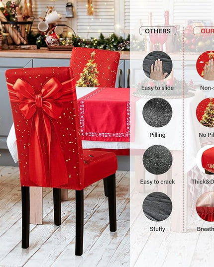 4PCS Christmas Dining Chair Covers Stretch Removable Washable Dining Room Chair Protector Slipcover 3D Print Xmas Tree Bow Tie Kitchen Chair Cover Slipcovers for Xmas Holiday Party Home Décor CZL