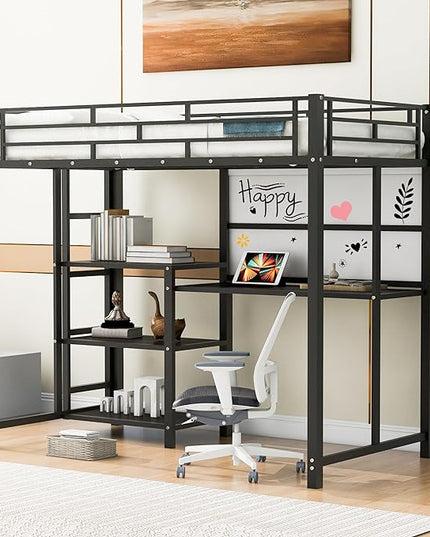 RITSU Twin Size Loft Bed, Heavy Duty Metal Bedframe with Desk and Whiteboard, 3 Big Shelves The Storage Space, Sturdy Construction, for Children's Room, Teens, Black - LeafyLoom