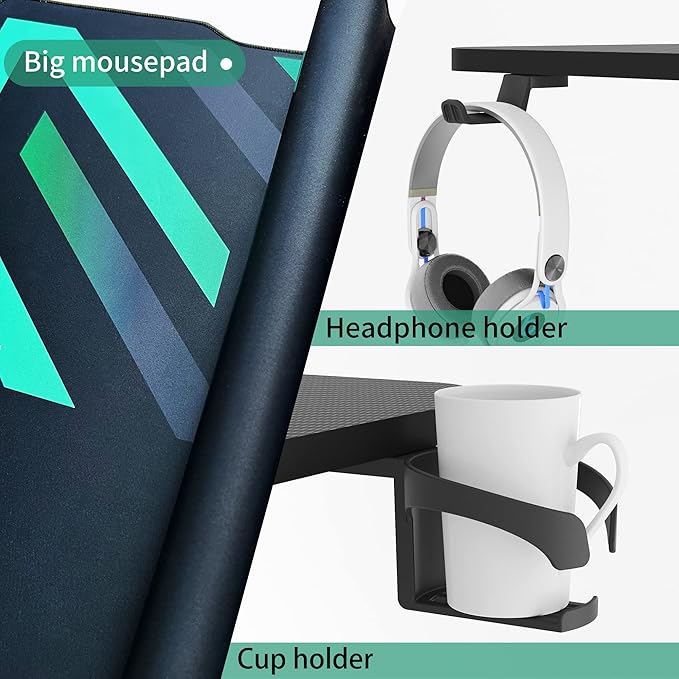 Standing Adjustable Desk, 63 inches L Shaped Electric Standing Gaming Desk with Locking Wheels, Cup Holder, Headphone Hook, Cable Manager, Mouse pad, Carbon Fiber Textured Pane - LeafyLoom