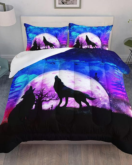 Wolf Comforter Set Galaxy Wolf Night Moon Bedding Set for Kids Teens Room Decor Wild Animals Comforter with 2 Pillowcases - LeafyLoom