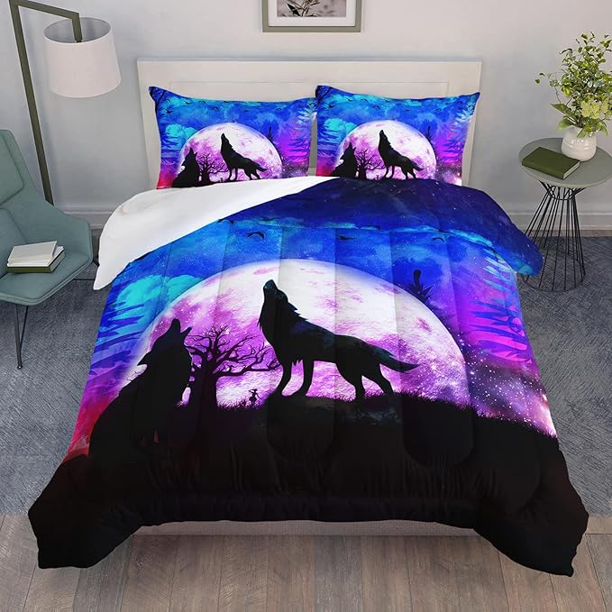 Wolf Comforter Set Galaxy Wolf Night Moon Bedding Set for Kids Teens Room Decor Wild Animals Comforter with 2 Pillowcases - LeafyLoom