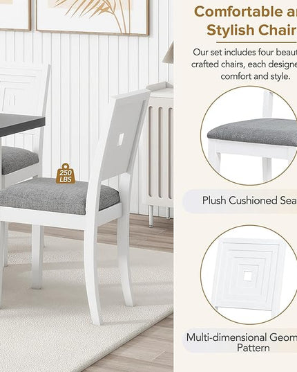 78Inch Dining Table Set for 6, Extendable Dining Table with 18" Butterfly Leaf, 4 Upholstered Dining Chairs and Bench, Kitchen Table Set for Dining Room, White+Grey - LeafyLoom