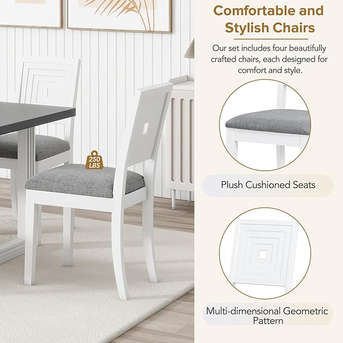 78Inch Dining Table Set for 6, Extendable Dining Table with 18" Butterfly Leaf, 4 Upholstered Dining Chairs and Bench, Kitchen Table Set for Dining Room, White+Grey - LeafyLoom