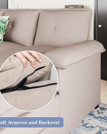 Shintenchi 110" Modular Sectional Couches for Living Room, U-Shaped Sofa Couch with Double Chaise, 4 Seat Sofa Sets with Thick Cushion & Soft Backrest, Beige - LeafyLoom