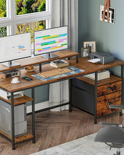 Furologee Computer Desk with Shelves and Drawer, 61" Long Desk with Fabric File Drawer, Industrial Writing Desk with Large Monitor Stand, Study Table Workstation for Home Office, Rustic Brown - LeafyLoom