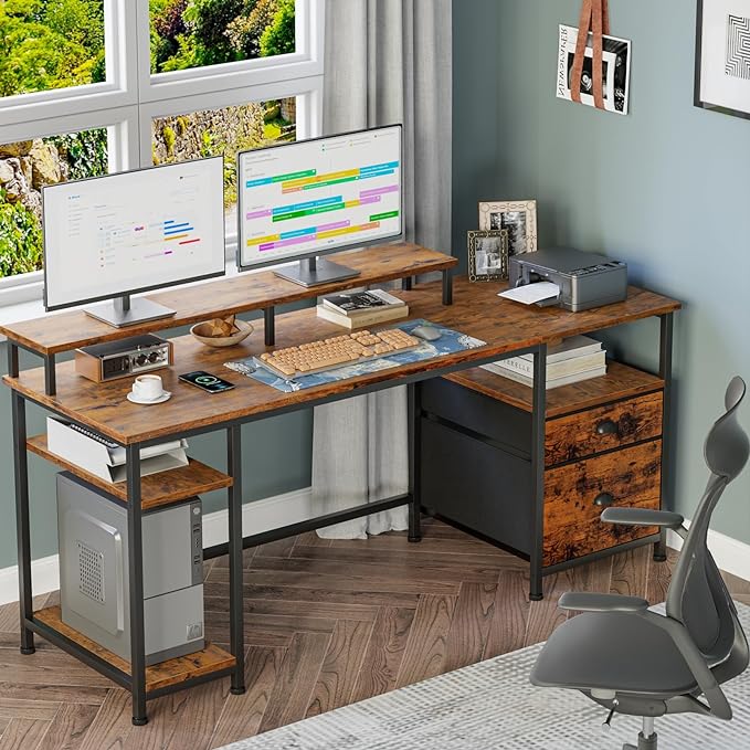 Furologee Computer Desk with Shelves and Drawer, 61" Long Desk with Fabric File Drawer, Industrial Writing Desk with Large Monitor Stand, Study Table Workstation for Home Office, Rustic Brown - LeafyLoom