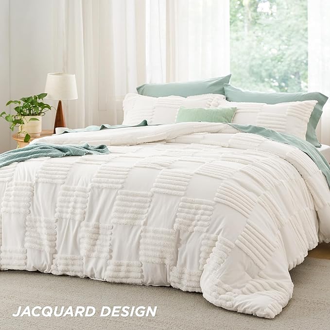 Bedsure King Size Comforter Set Cream White, Boho Tufted Bedding Comforter Set, Grande Checkered Farmhouse Shabby Chic Bed Set, 3 Pieces, 1 Plaid Geometric Comforter and 2 Pillow Shams - LeafyLoom