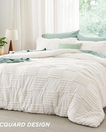 Bedsure Queen Comforter Set Cream White, Boho Tufted Bedding Comforter Set, Grande Checkered Farmhouse Shabby Chic Bed Set, 3 Pieces, 1 Plaid Geometric Comforter and 2 Pillow Shams - LeafyLoom