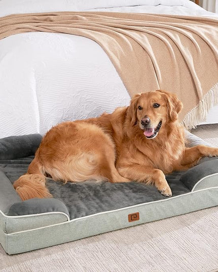 EHEYCIGA Orthopedic Dog Beds for Large Dogs, Waterproof Memory Foam Large Dog Bed with Sides, Non-Slip Bottom and Egg-Crate Foam Large Dog Couch Bed with Washable Removable Cover, Greyish Green EHEYCIGA