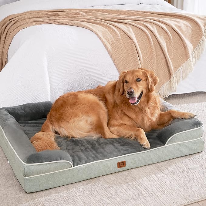 EHEYCIGA Orthopedic Dog Beds for Large Dogs, Waterproof Memory Foam Large Dog Bed with Sides, Non-Slip Bottom and Egg-Crate Foam Large Dog Couch Bed with Washable Removable Cover, Greyish Green EHEYCIGA