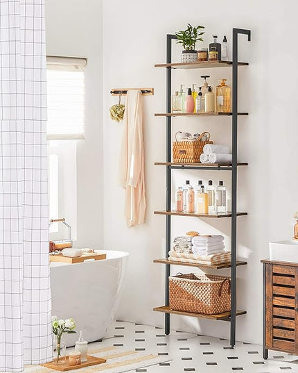VASAGLE Industrial Ladder Shelf, 6-Tier Bookshelf, Wall Shelf for Living Room, Office, Kitchen, Bedroom, 23.6 x 11.8 x 80.6 Inches, Rustic Brown and Black ULLS103B01 - LeafyLoom
