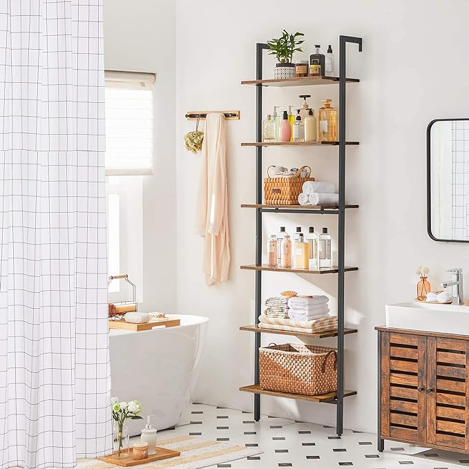 VASAGLE Industrial Ladder Shelf, 6-Tier Bookshelf, Wall Shelf for Living Room, Office, Kitchen, Bedroom, 23.6 x 11.8 x 80.6 Inches, Rustic Brown and Black ULLS103B01 - LeafyLoom