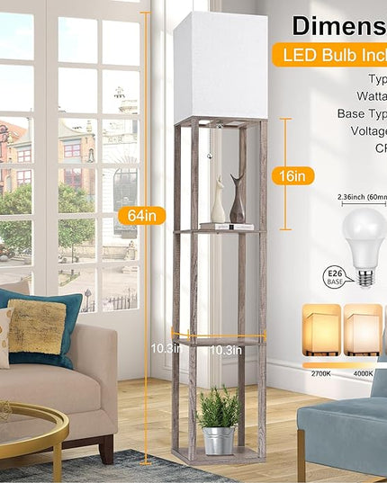 Floor Lamp with Shelves for Living Room Oak Gray, Shelf Floor Lamp with 3 CCT LED Bulb, Corner Display Standing Column Lamp Etagere Organizer Tower Nightstand with White Linen Shade for Bedroom Office - LeafyLoom