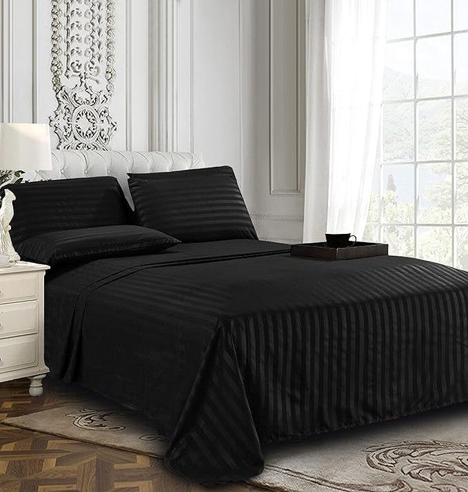 Elegant Comfort Softest and Coziest 4-Piece Sheet Set - 1500 Premium Hotel Quality Microfiber - Luxurious Wrinkle Resistant 4-Piece Damask Stripe Bed Sheet Set, Twin XL, Black - LeafyLoom