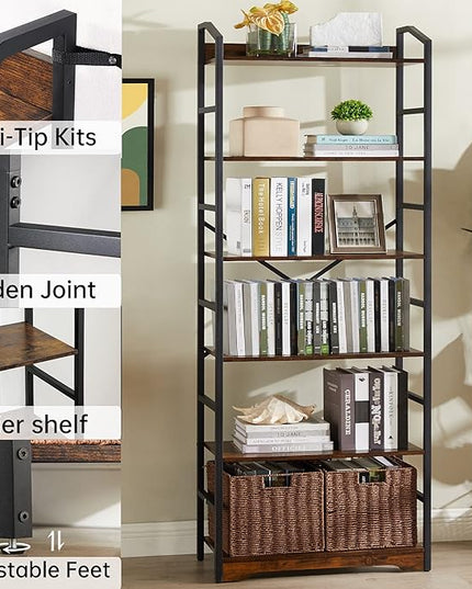 Vagusicc 6 Tier Bookshelf with 2 Storage Baskets, Tall Bookcase Shelf Storage Organizer Wood Book Shelf, Modern Shelf Rack Shelves with Steel Frame, Multipurpose Bookshelf for Bedroom Living Room - LeafyLoom