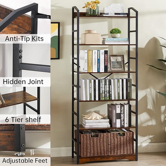 Vagusicc 6 Tier Bookshelf with 2 Storage Baskets, Tall Bookcase Shelf Storage Organizer Wood Book Shelf, Modern Shelf Rack Shelves with Steel Frame, Multipurpose Bookshelf for Bedroom Living Room - LeafyLoom