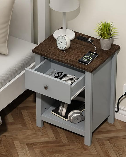 ChooChoo Nightstand with Charging Station, Wooden Top Bedside Table with Drawer and Storage Space for Bedroom, Grey - LeafyLoom