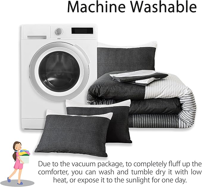 Andency Queen Comforter Set Black,3 Pieces Black White Gray Patchwork Striped Comforter (90x90 Inch), Soft Microfiber Down Alternative Queen Comforter Bedding Sets with Corner Loops - LeafyLoom