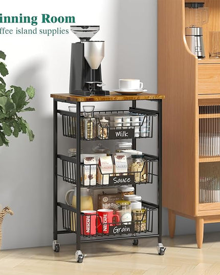 Kitchen Storage Cart with Wheels, 4-Tier Metal Utility Rolling Cart Fruit Vegetable Storage Basket Pantry Rack with Wood Top & Pull Out Baskets for Kitchen, Livingroom, Diningroom, Office - LeafyLoom