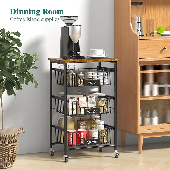 Kitchen Storage Cart with Wheels, 4-Tier Metal Utility Rolling Cart Fruit Vegetable Storage Basket Pantry Rack with Wood Top & Pull Out Baskets for Kitchen, Livingroom, Diningroom, Office - LeafyLoom