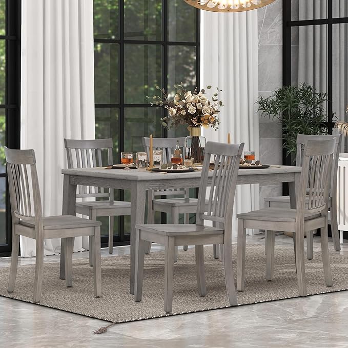 COLAMY Wooden Dining Chairs Set of 6, Spindle High Back Windsor Kitchen Side Chair, Farmhouse Dining Chairs for Kitchen and Dining Room, Light Grey - LeafyLoom