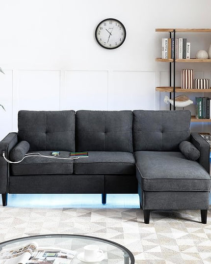 3 Seater L Shaped Convertible Sectional Sofa Couch with Reversible Chaise , Linen Upholstered Corner Sleeper Lounge Sofá with 2 USB Ports and LED Lights ,Storage for Small Space Living Room Apartment - LeafyLoom